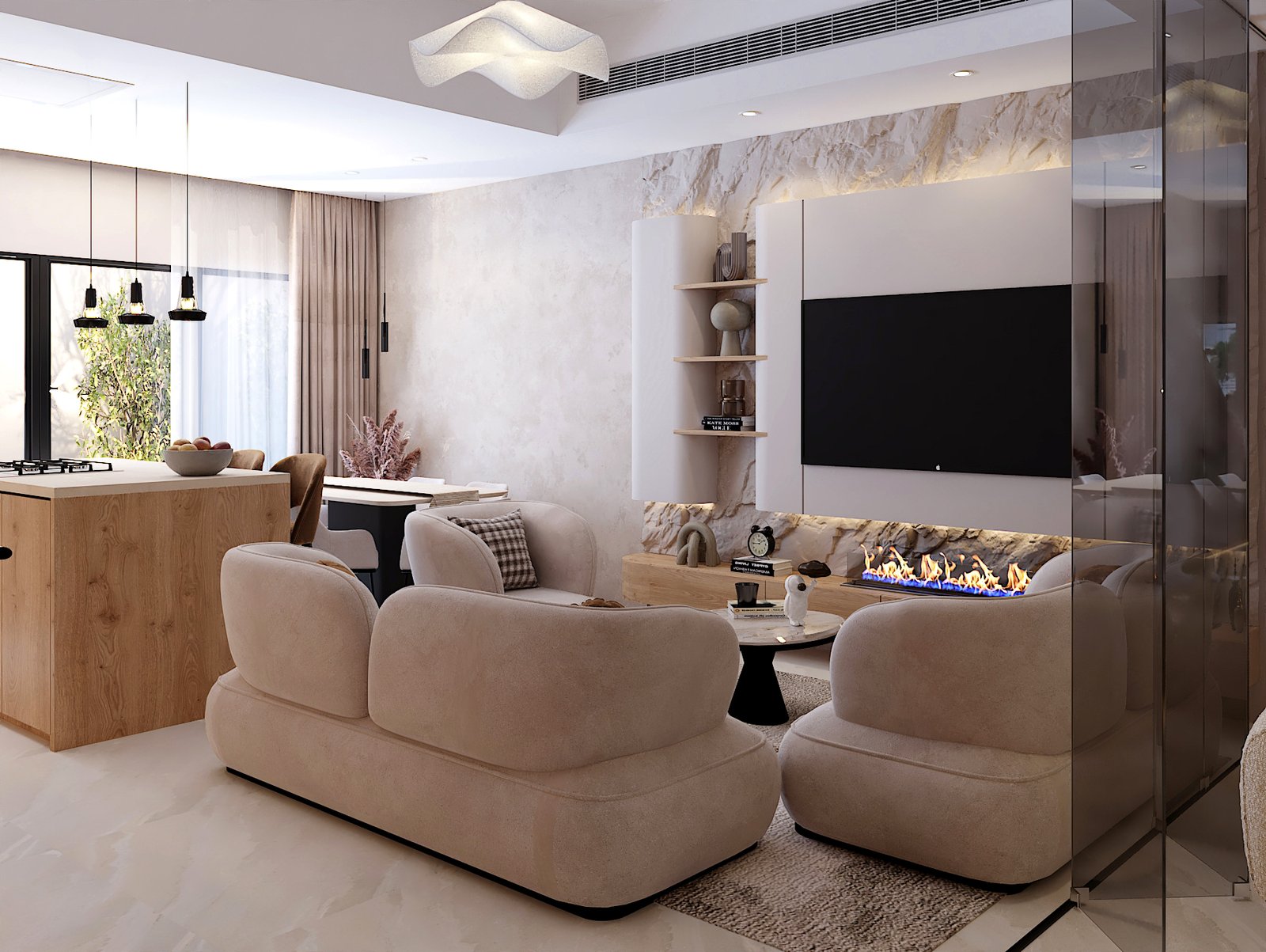 Modern furnishing for UAE homes by X Factor Designs featuring a warm neutral living room with custom furniture and integrated TV wall